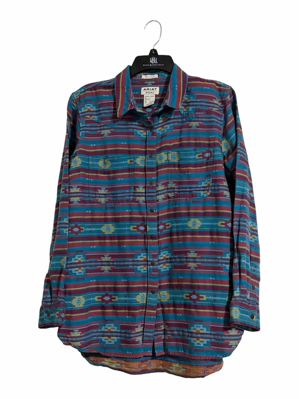 Ariat Teal, Burgundy & Mustard Southwestern Button-Down Shirt - L